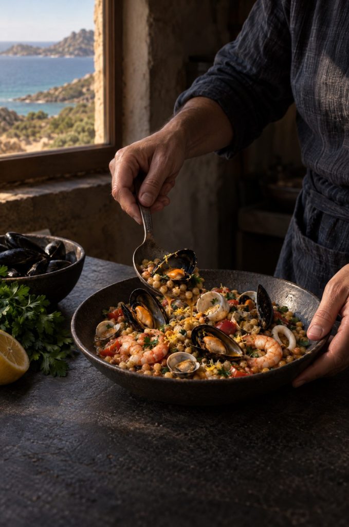 Handen van de kok scheppen fregola met zeevruchten op in een donkere keuken bij het raam met uitzicht op de Sardijnse kust