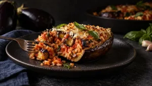 Gevulde aubergines met rijst alla Norma, doorgesneden op een donker bord, naast rauwe aubergines, basilicum en knoflook