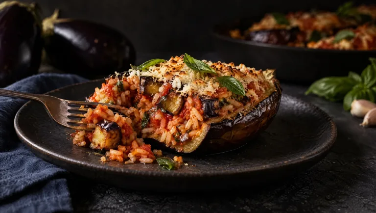 Gevulde aubergines met rijst alla Norma, doorgesneden op een donker bord, naast rauwe aubergines, basilicum en knoflook
