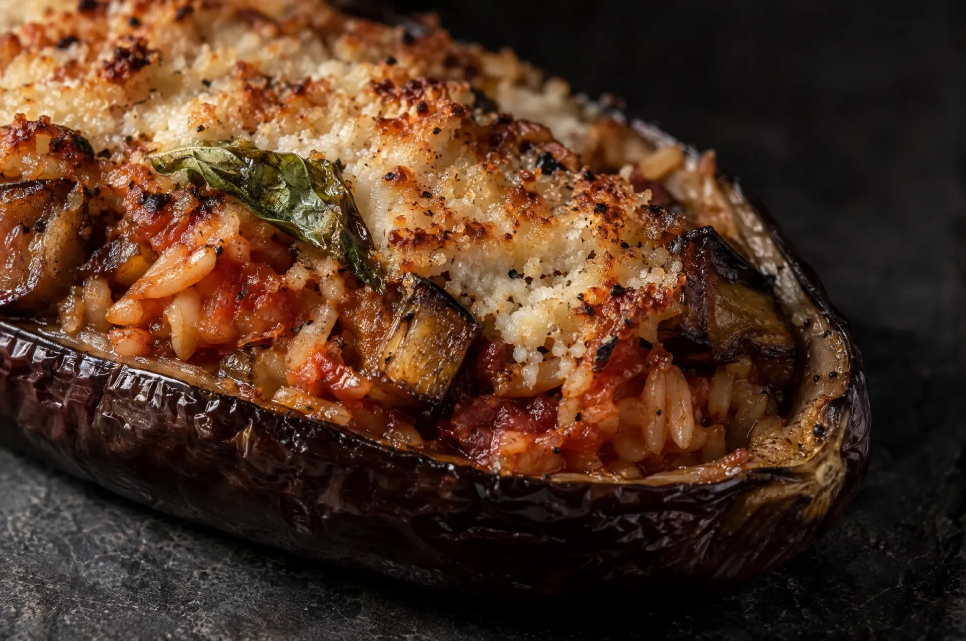 Detail van gevulde aubergines met rijst: goudbruine korst van ricotta salata op tomatenrijst in de gefrituurde schil