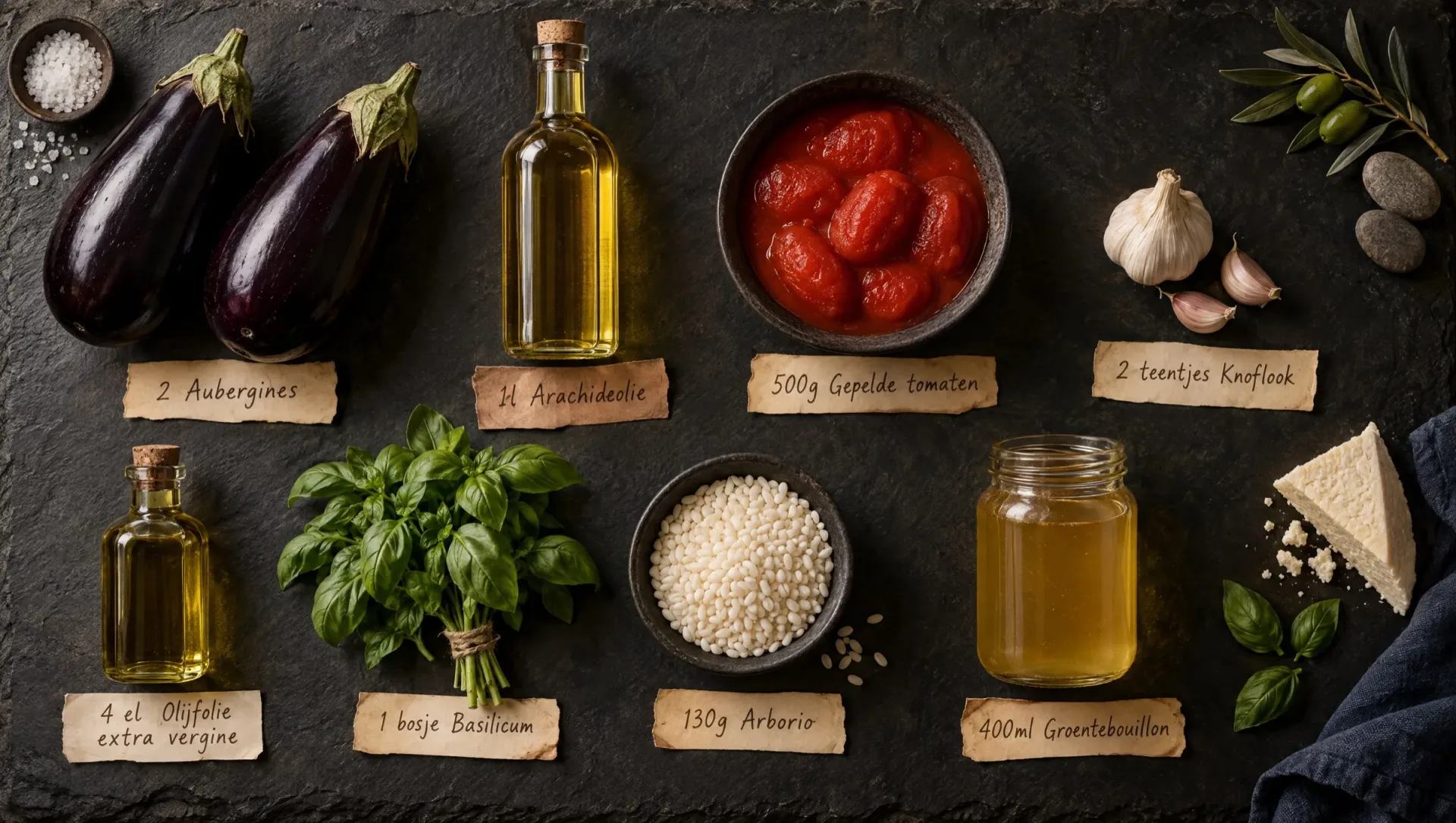 Ingrediënten voor gevulde aubergines met rijst: aubergines, Arborio, tomaten, ricotta salata, basilicum, knoflook