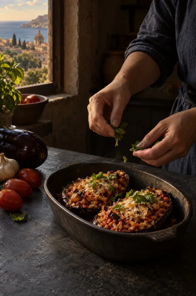 Handen van de kok strooien basilicum over gevulde aubergines met rijst in een donkere keuken aan de Siciliaanse kust