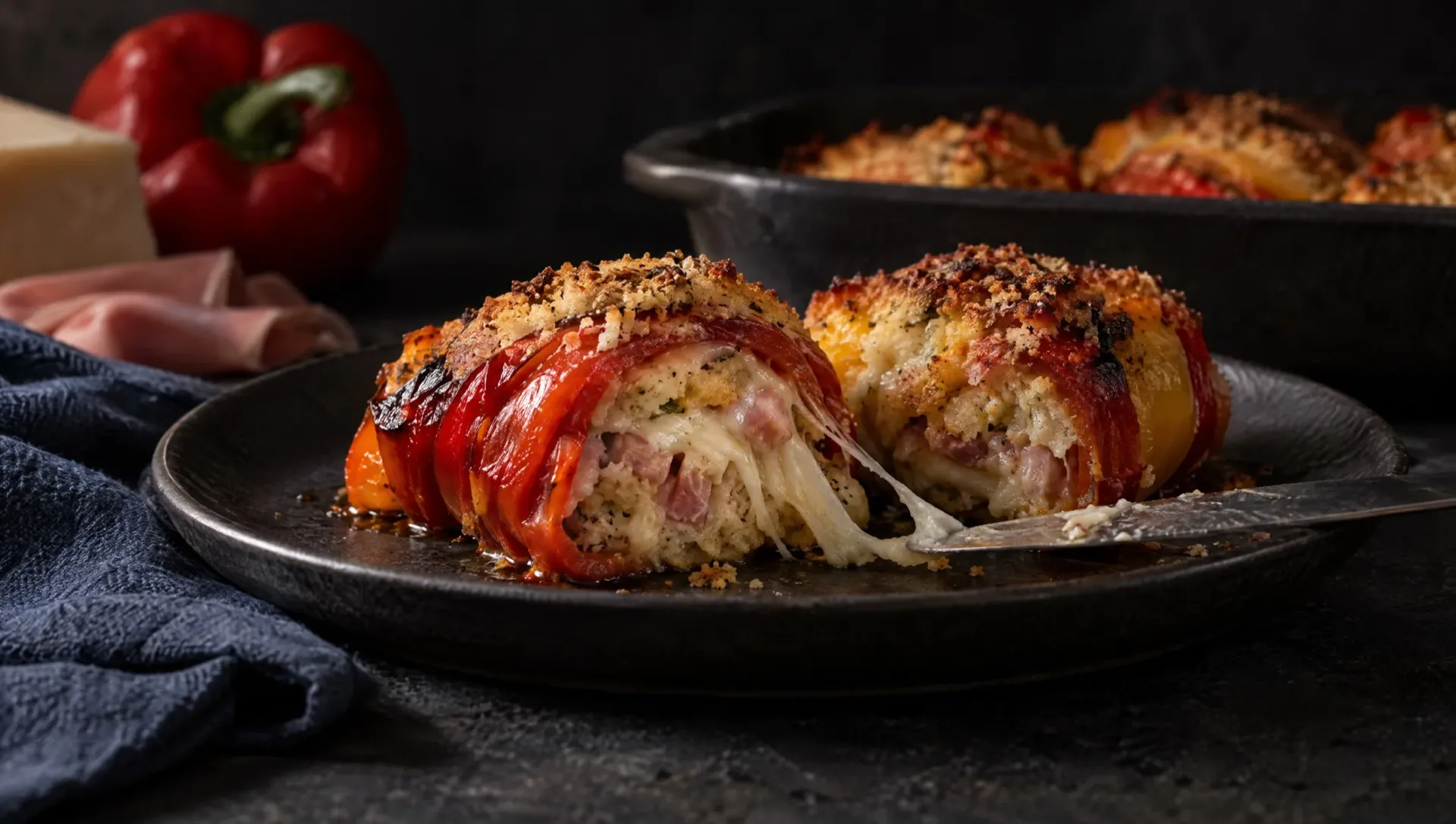 Gevulde paprika's uit Napels op een donker bord, één rolletje open met gesmolten kaas, ovenschaal, paprika en ham erachter