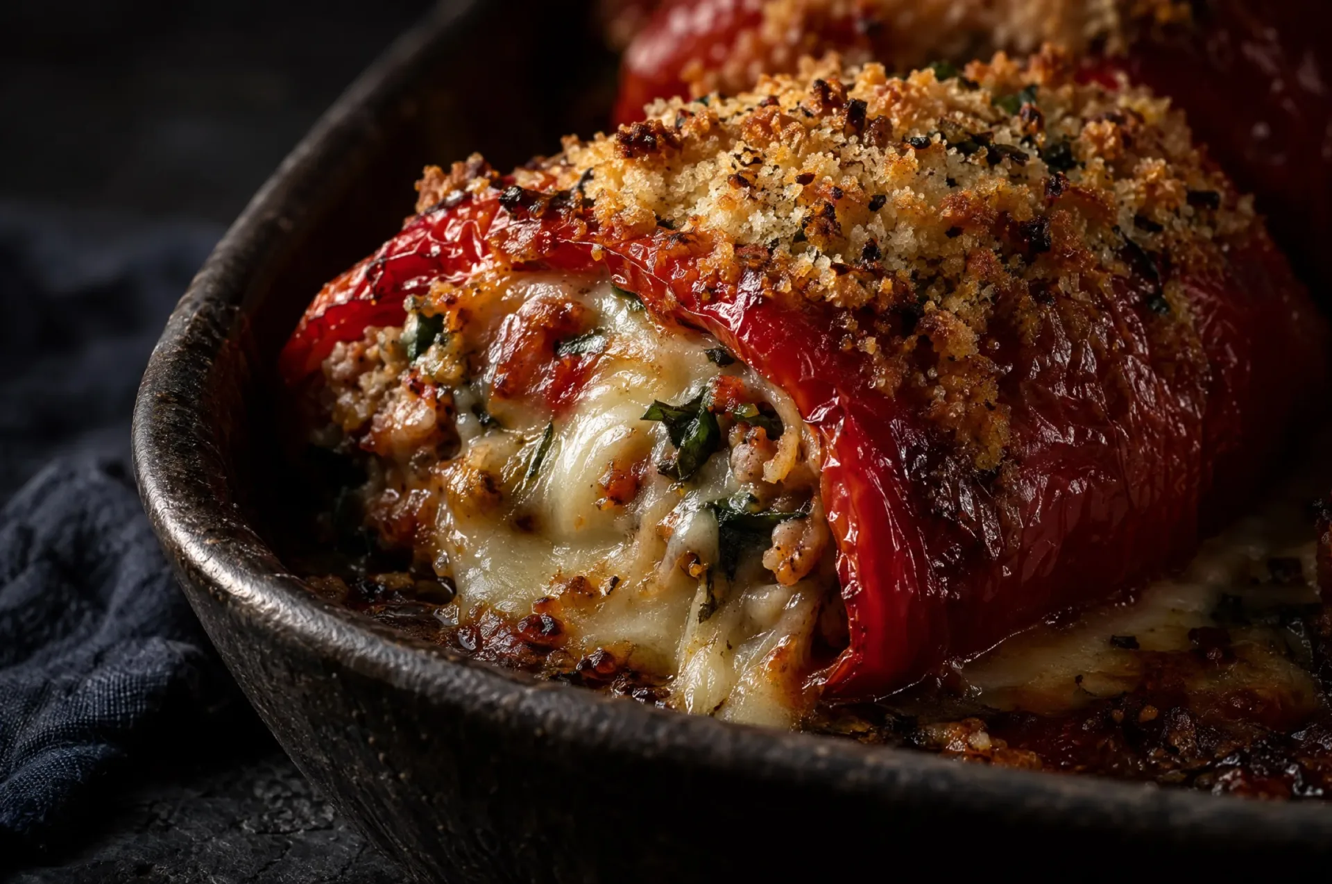 Close-up van gevulde paprika's met een goudbruine korst van Parmigiano en paneermeel en gesmolten provolone aan de rand