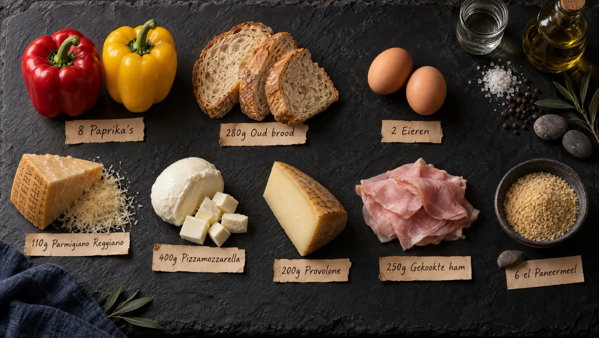 Ingrediënten voor gevulde paprika's: rode en gele paprika's, oud brood, mozzarella, provolone, ham, Parmigiano en eieren