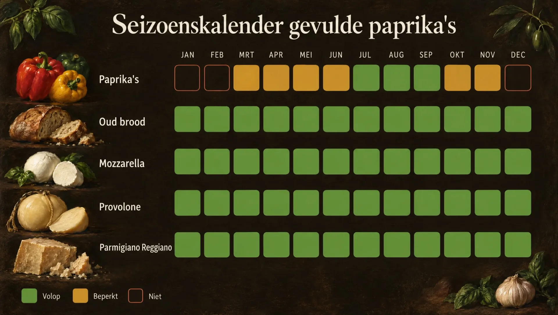 Seizoenskalender voor gevulde paprika's: paprika's op hun best van juli tot september, brood en kaas het hele jaar