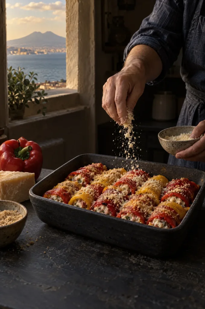 Handen van de kok strooien Parmigiano over gevulde paprika's in een donkere keuken, met door het raam de baai van Napels