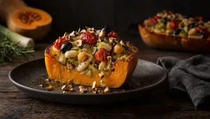 Gevulde pompoen uit de oven met bonen, kikkererwten, prei, tomaatjes en hazelnoten; rauwe butternut en rozemarijn ernaast