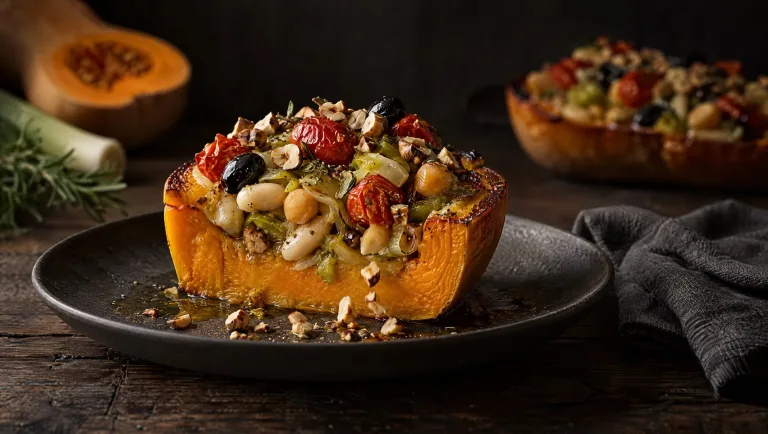 Gevulde pompoen uit de oven met bonen, kikkererwten, prei, tomaatjes en hazelnoten; rauwe butternut en rozemarijn ernaast