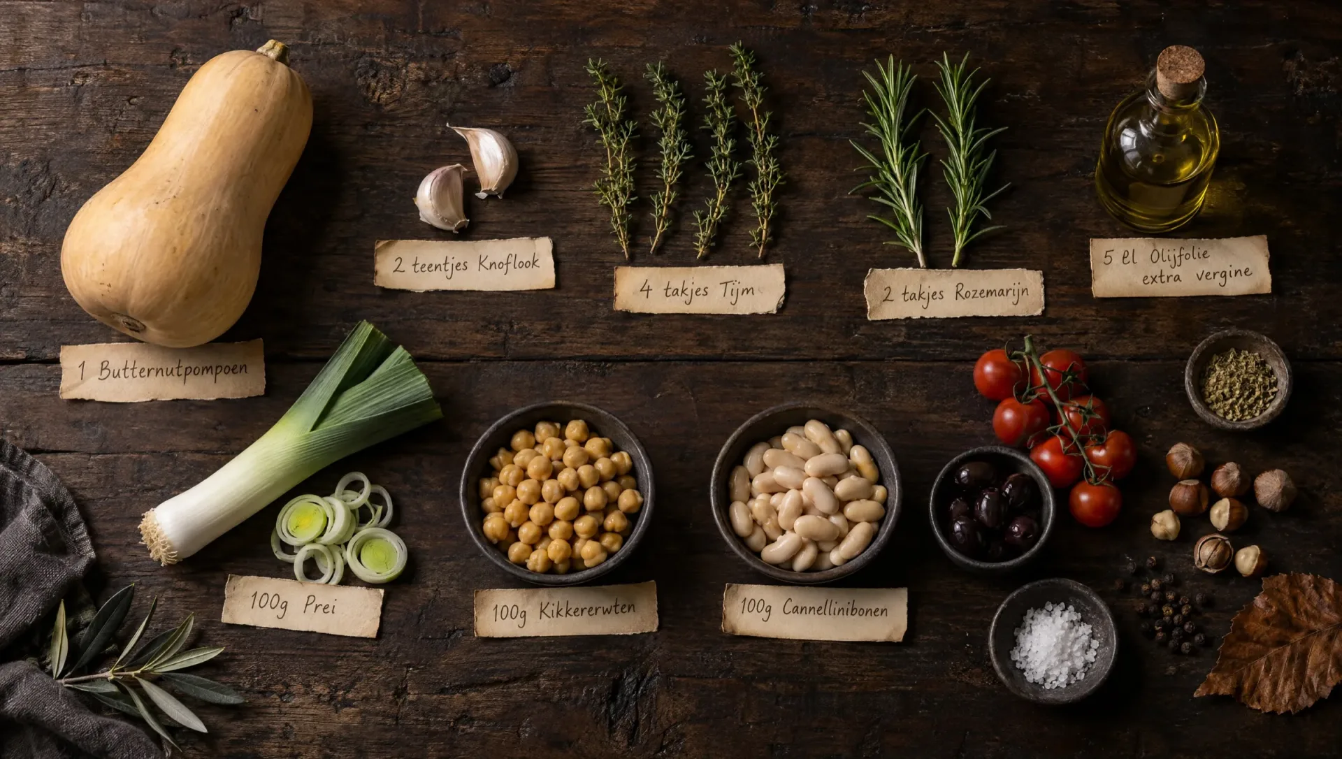 Ingrediënten voor gevulde pompoen: butternut, prei, kikkererwten, cannellinibonen, kerstomaatjes, olijven, hazelnoten en tijm