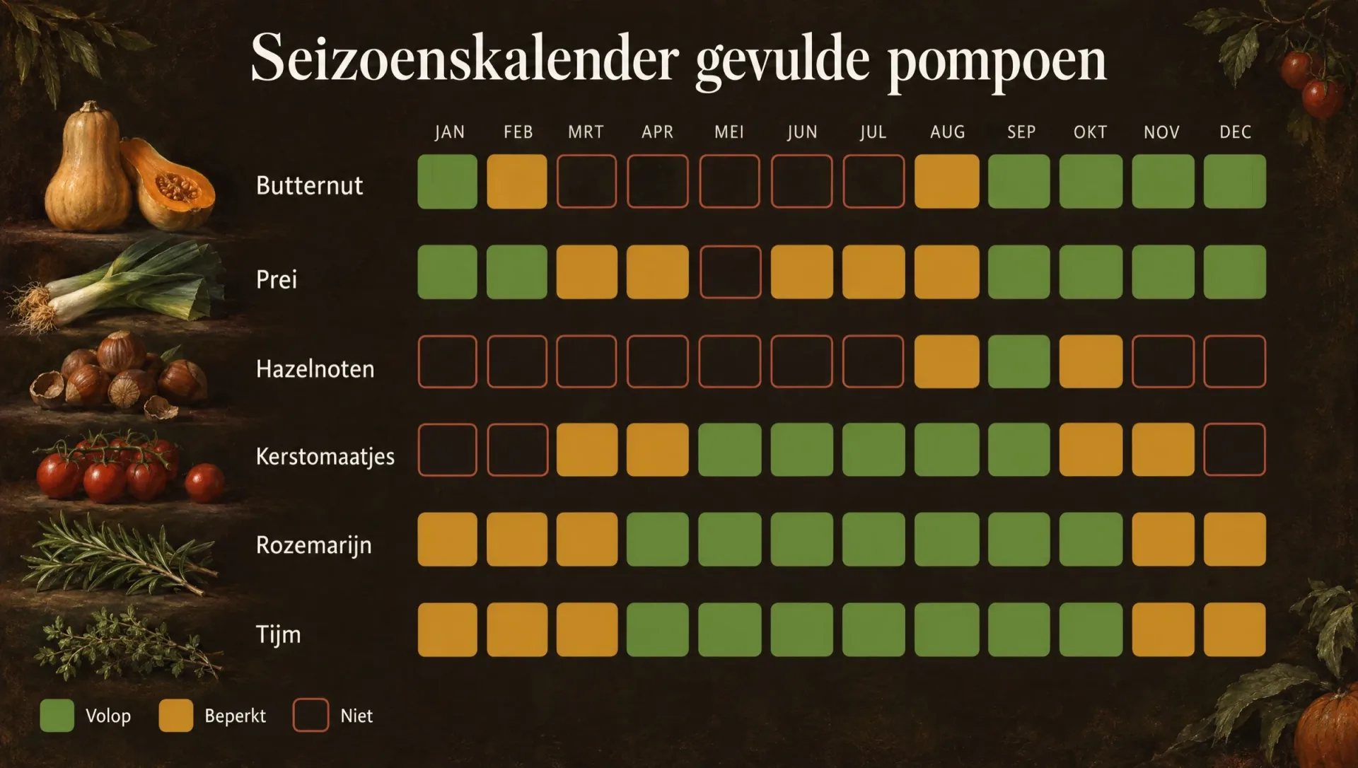 Seizoenskalender voor gevulde pompoen: butternut en prei van september tot februari, hazelnoten vers in september