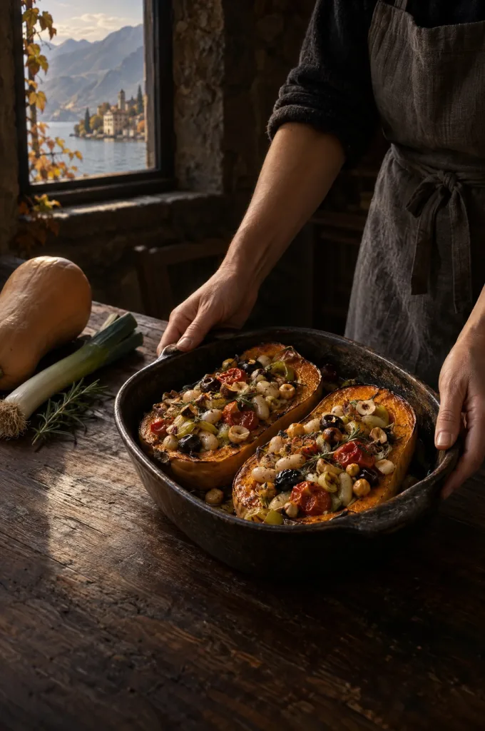 Handen van de kok zetten gevulde pompoen op tafel in een donkere keuken, door het raam een Lombardisch meer in de herfst