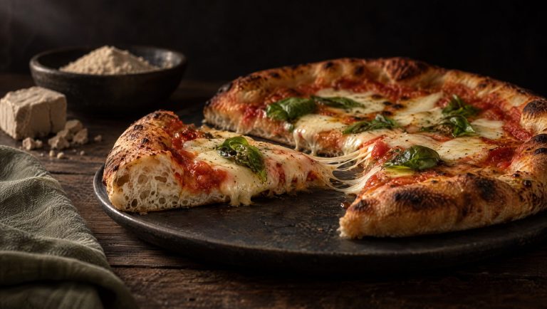 Glutenvrije pizza met tomaat, mozzarella en basilicum op een luchtige bodem van glutenvrij pizzadeeg