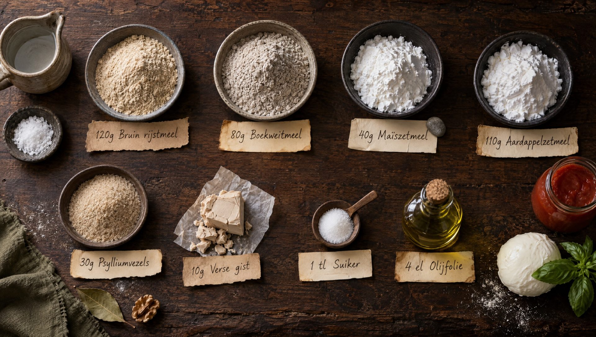 Ingrediënten voor glutenvrij pizzadeeg: rijstmeel, boekweitmeel, maïszetmeel, aardappelzetmeel, psyllium, gist en passata