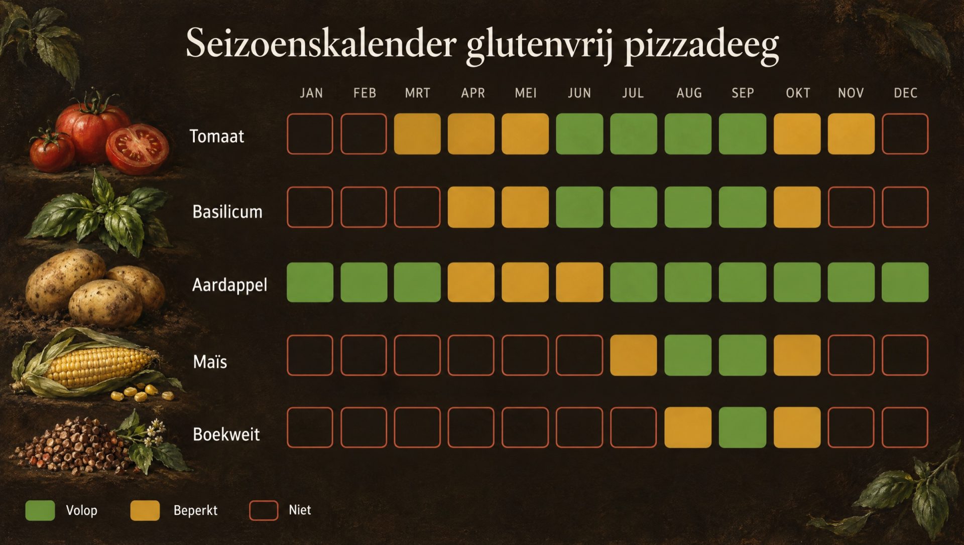 Seizoenskalender voor glutenvrij pizzadeeg: tomaat, basilicum, aardappel, maïs en boekweit