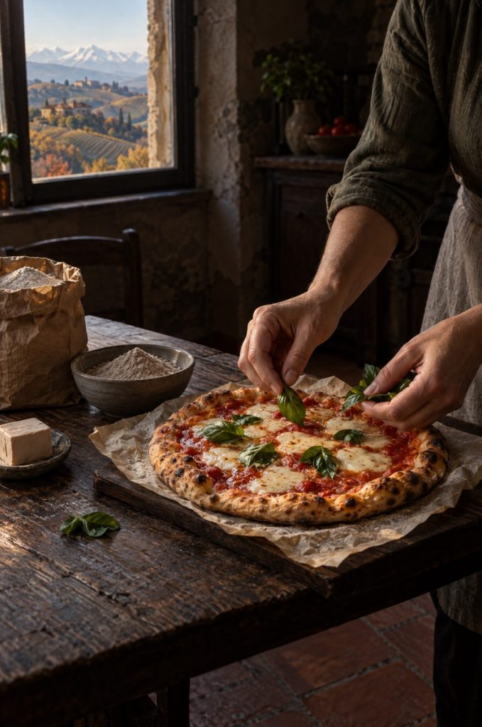 Pizza van glutenvrij pizzadeeg met tomaat, gesmolten mozzarella en basilicum op bakpapier op een houten plank