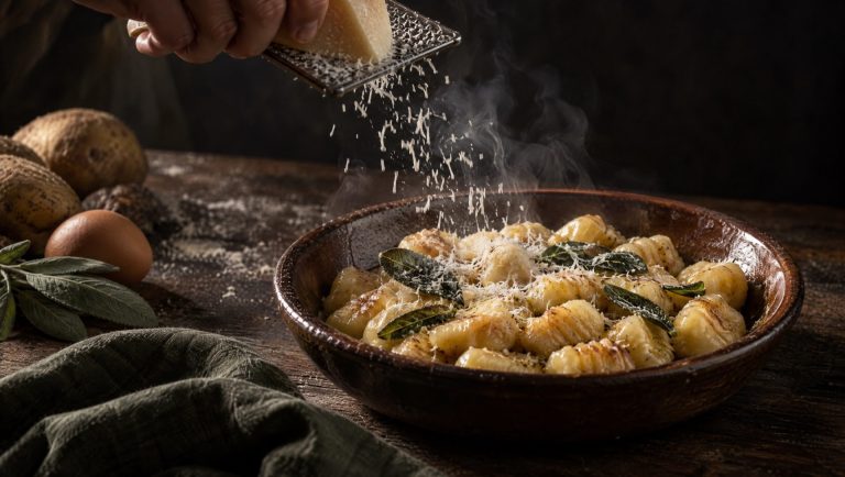 Grana Padano wordt geraspt boven gnocchi met boter en salie in een donkere schaal, met kruimige aardappelen, een ei en salie op tafel