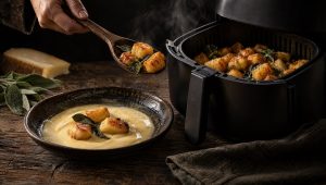 Gnocchi airfryer met salie in de open mand van de airfryer, naast een bord fonduta, fontina en verse salie op tafel