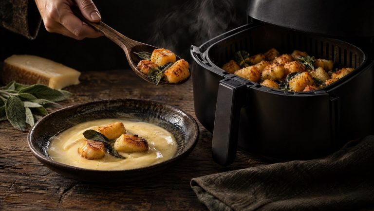Gnocchi airfryer met salie in de open mand van de airfryer, naast een bord fonduta, fontina en verse salie op tafel