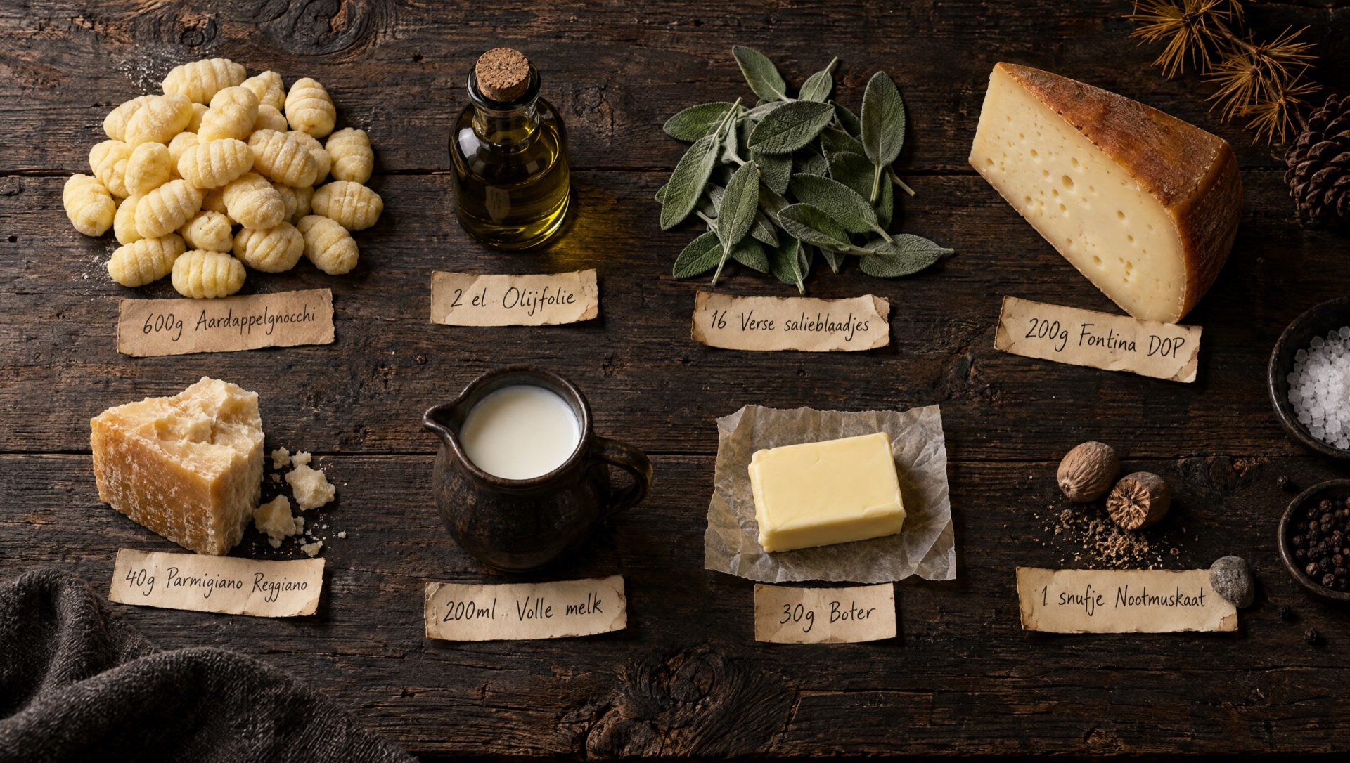 Ingrediënten voor gnocchi airfryer: gnocchi, fontina, Parmigiano, verse salie, melk, boter en olijfolie