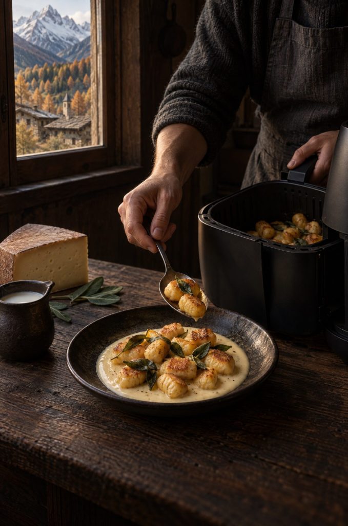 Handen van de kok scheppen gnocchi airfryer op fonduta in een donkere keuken bij het raam met zicht op de bergen bij Aosta