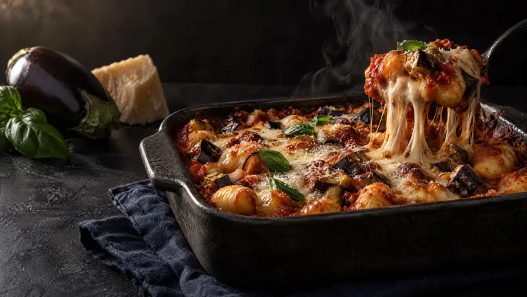 Gnocchi alla parmigiana in een ovenschaal, mozzarelladraden aan de opscheplepel, naast aubergine, Parmigiano en basilicum