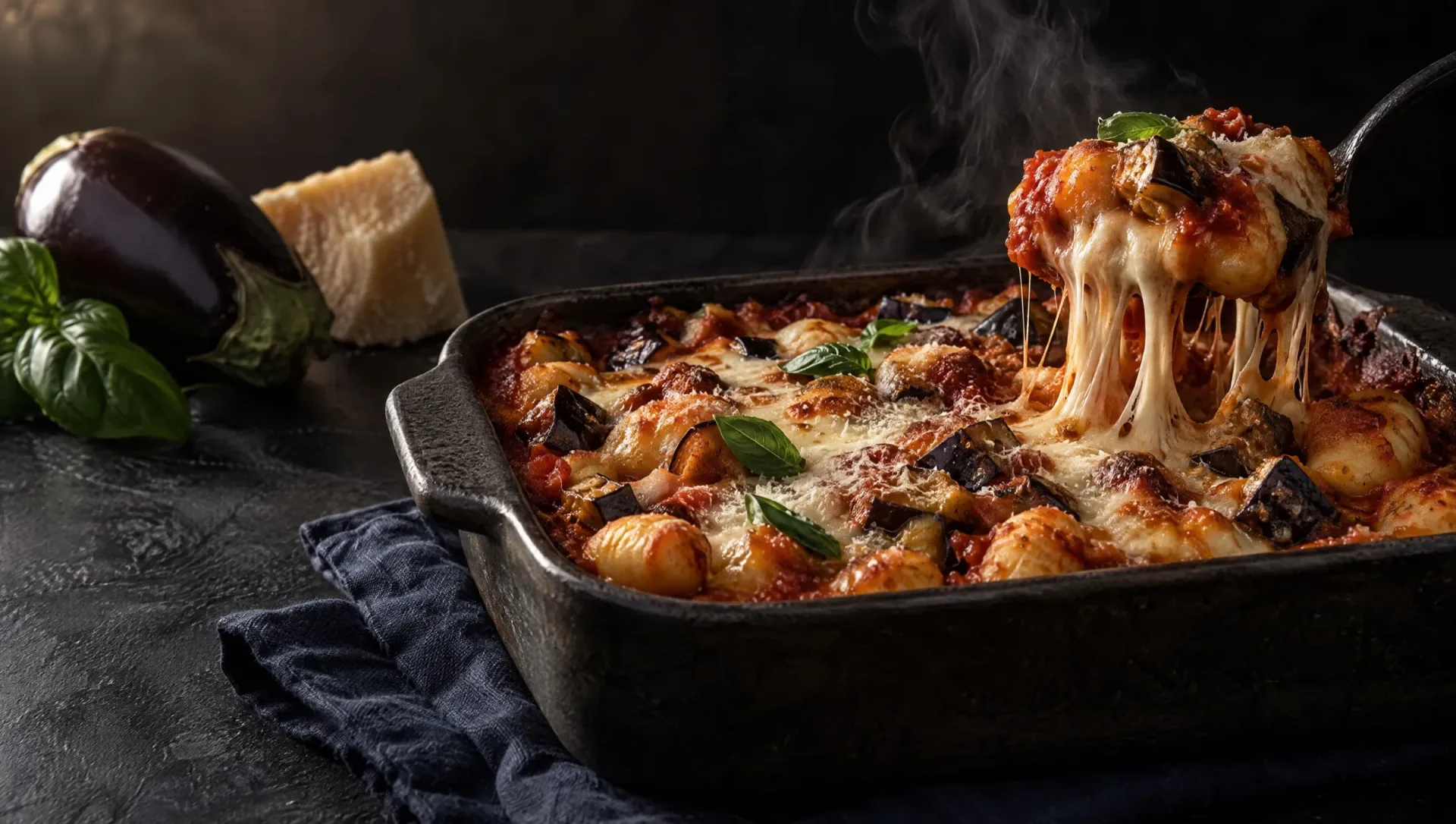 Gnocchi alla parmigiana in een ovenschaal, mozzarelladraden aan de opscheplepel, naast aubergine, Parmigiano en basilicum
