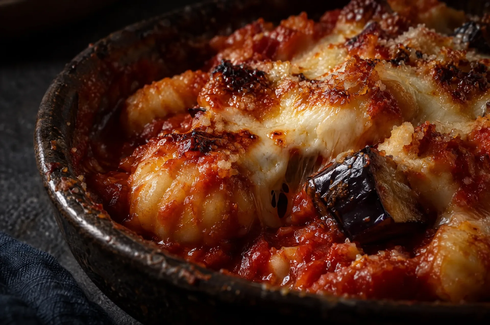Gnocchi alla parmigiana van dichtbij: gesmolten mozzarella met bruine plekken over gnocchi en aubergine in rode saus