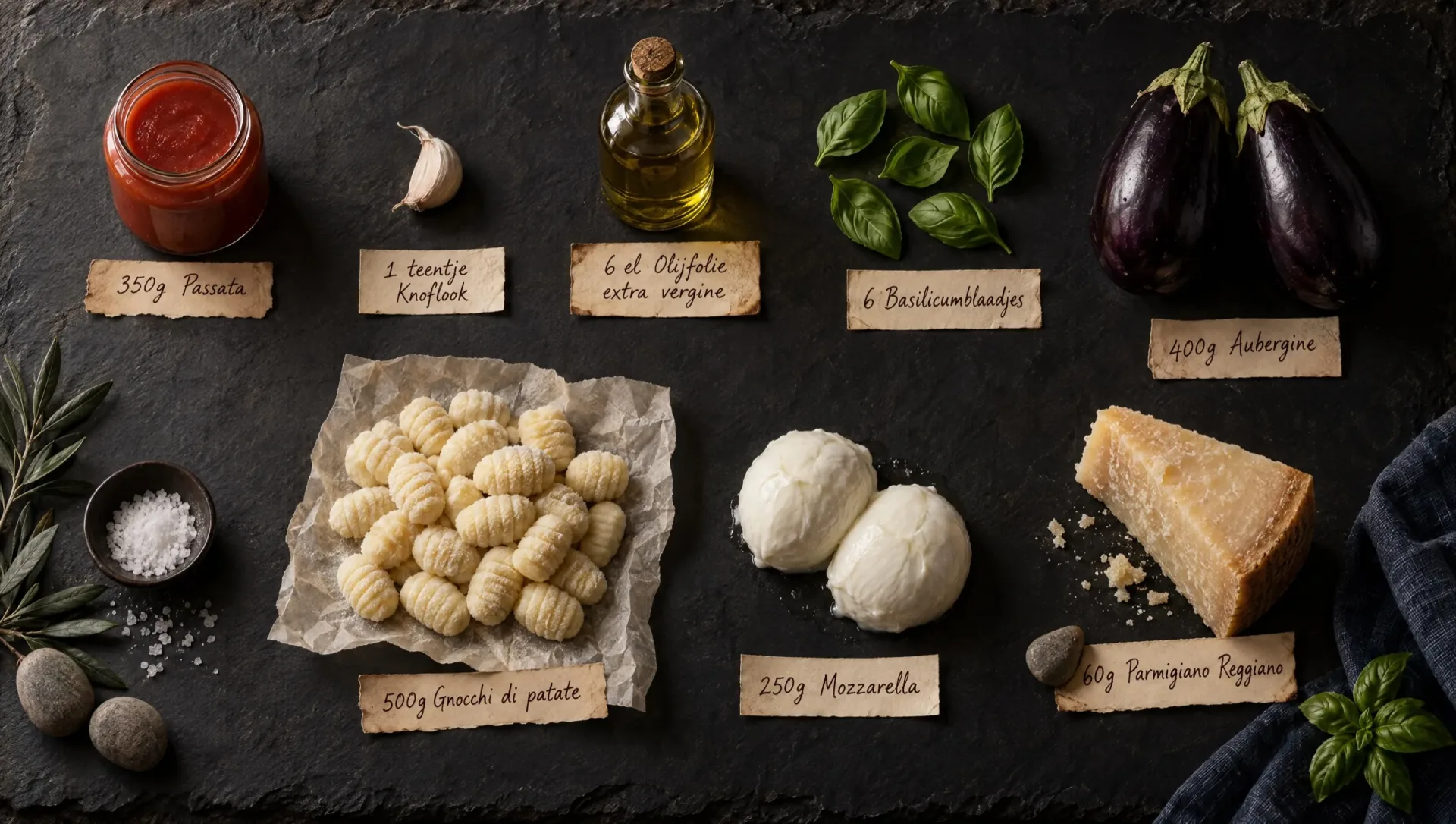 Ingrediënten voor gnocchi alla parmigiana: gnocchi, aubergines, passata, mozzarella, Parmigiano, knoflook en basilicum