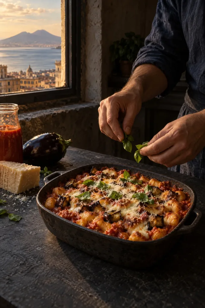 Handen van de kok strooien basilicum over gnocchi alla parmigiana in een donkere keuken bij het raam met zicht op de Vesuvius