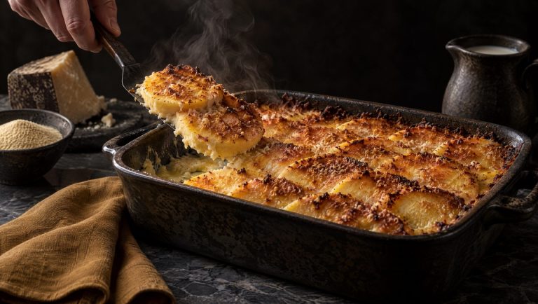Gnocchi alla romana dakpansgewijs in een ovenschaal, twee plakken op een spatel, met griesmeel, melk en pecorino ernaast
