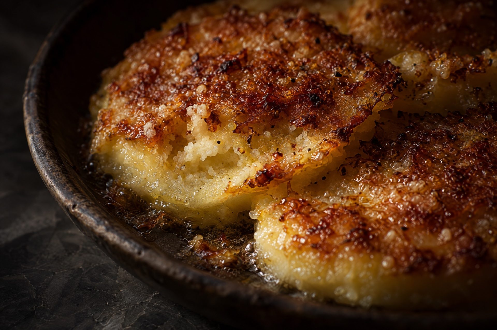 Close-up van gnocchi alla romana: goudbruine korst van pecorino en boter op dakpansgewijs gelegde plakken griesmeel