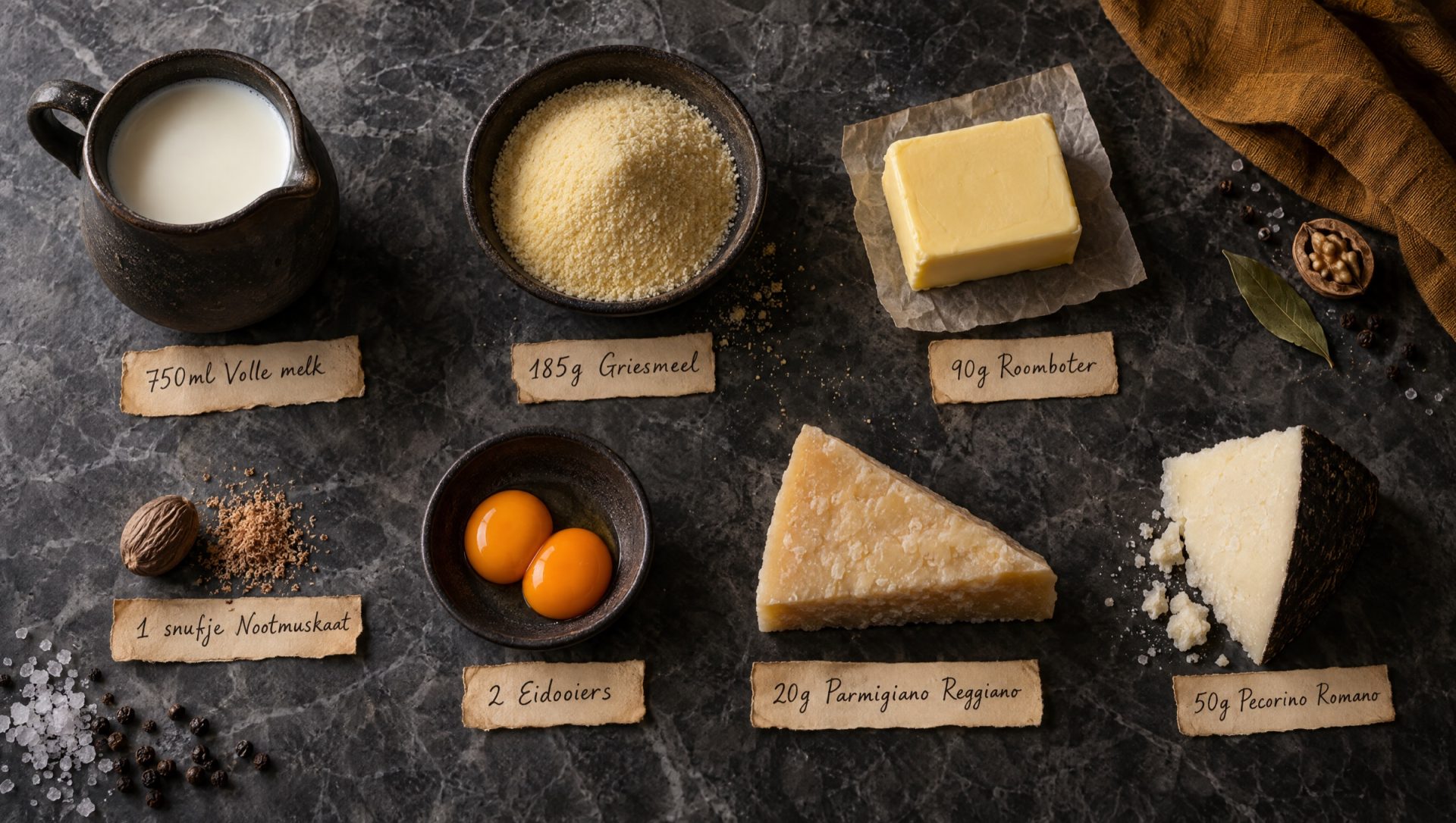 Ingrediënten voor gnocchi alla romana: griesmeel, volle melk, boter, eidooiers, Pecorino Romano, Parmigiano en nootmuskaat