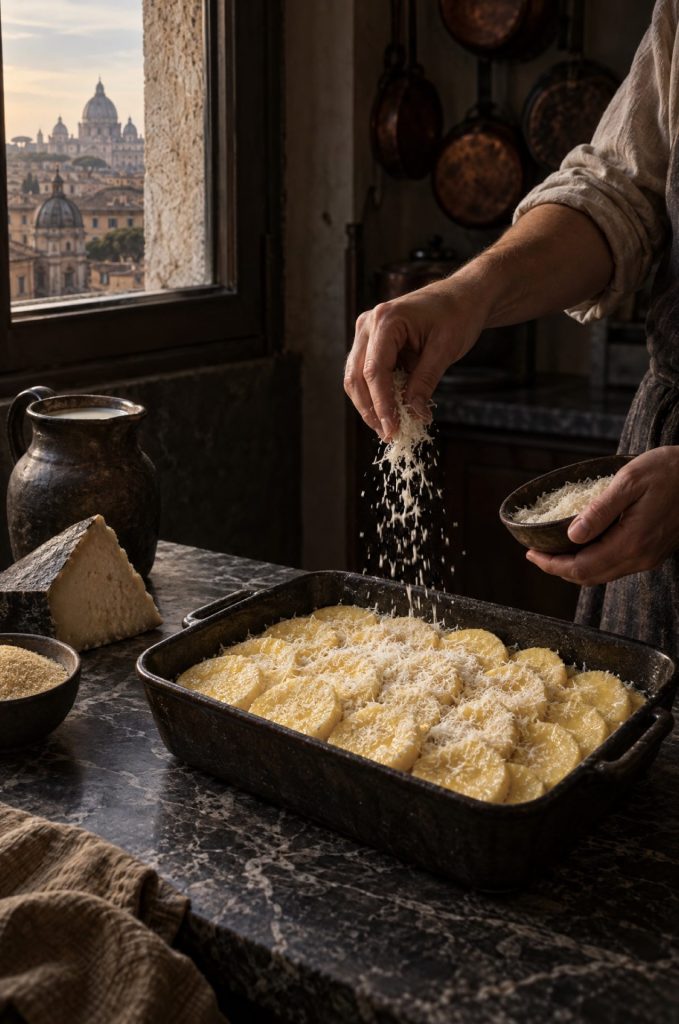 Handen van de kok strooien pecorino op gnocchi alla romana in een donkere keuken bij het raam, met zicht op de daken van Rome