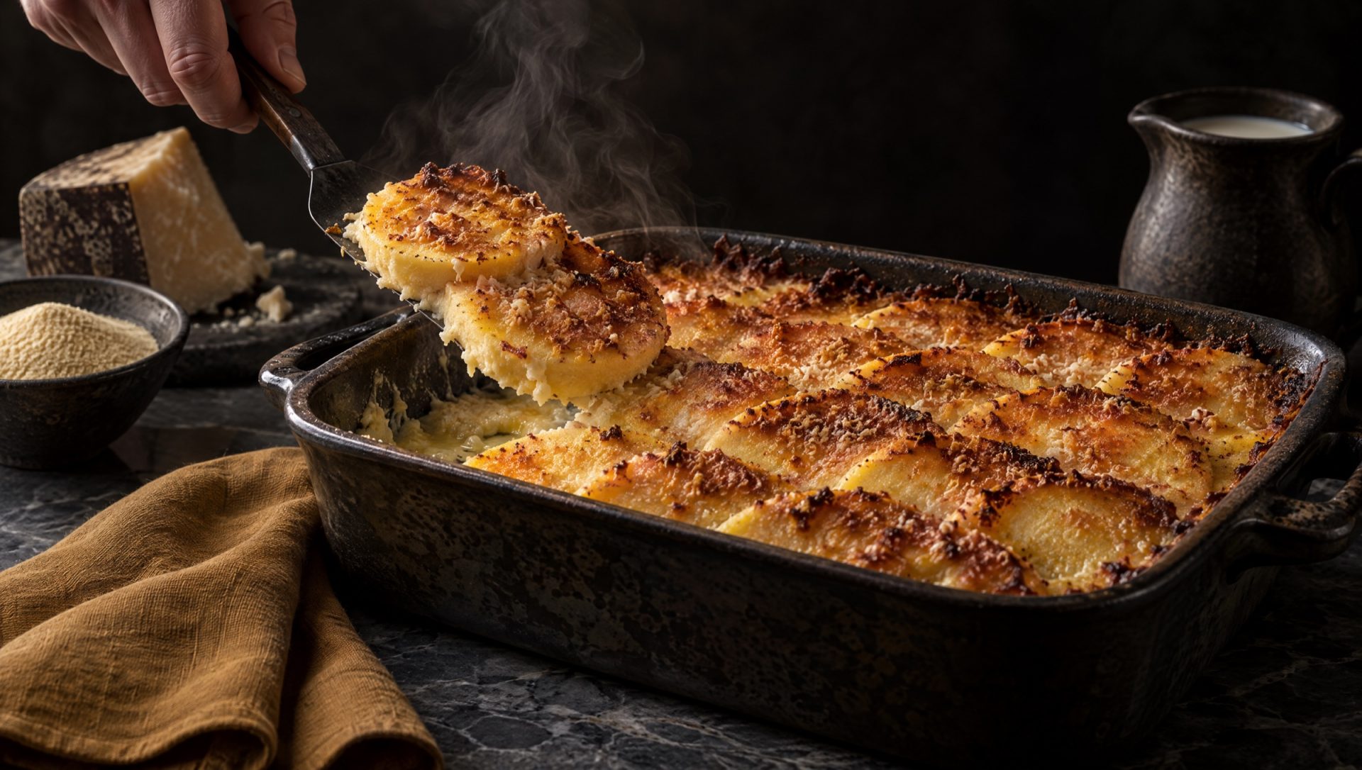 Gnocchi alla romana dakpansgewijs in een ovenschaal, twee plakken op een spatel, met griesmeel, melk en pecorino ernaast