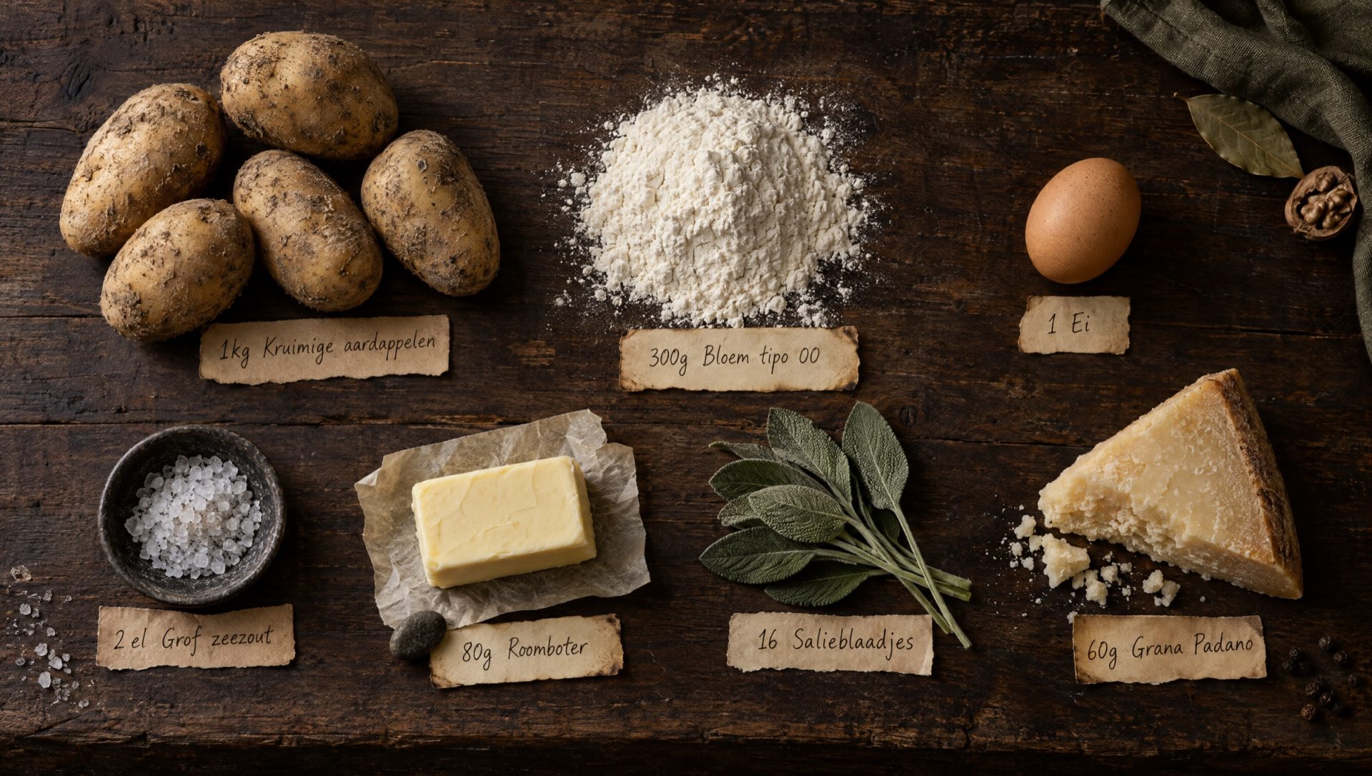 Ingrediënten voor gnocchi: kruimige aardappelen, bloem tipo 00, een ei, zout, roomboter, salie en Grana Padano