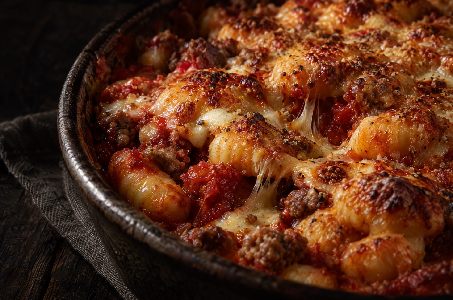 Close-up van gnocchi ovenschotel: goudbruine korst van Parmigiano met draden mozzarella en stukjes salsiccia