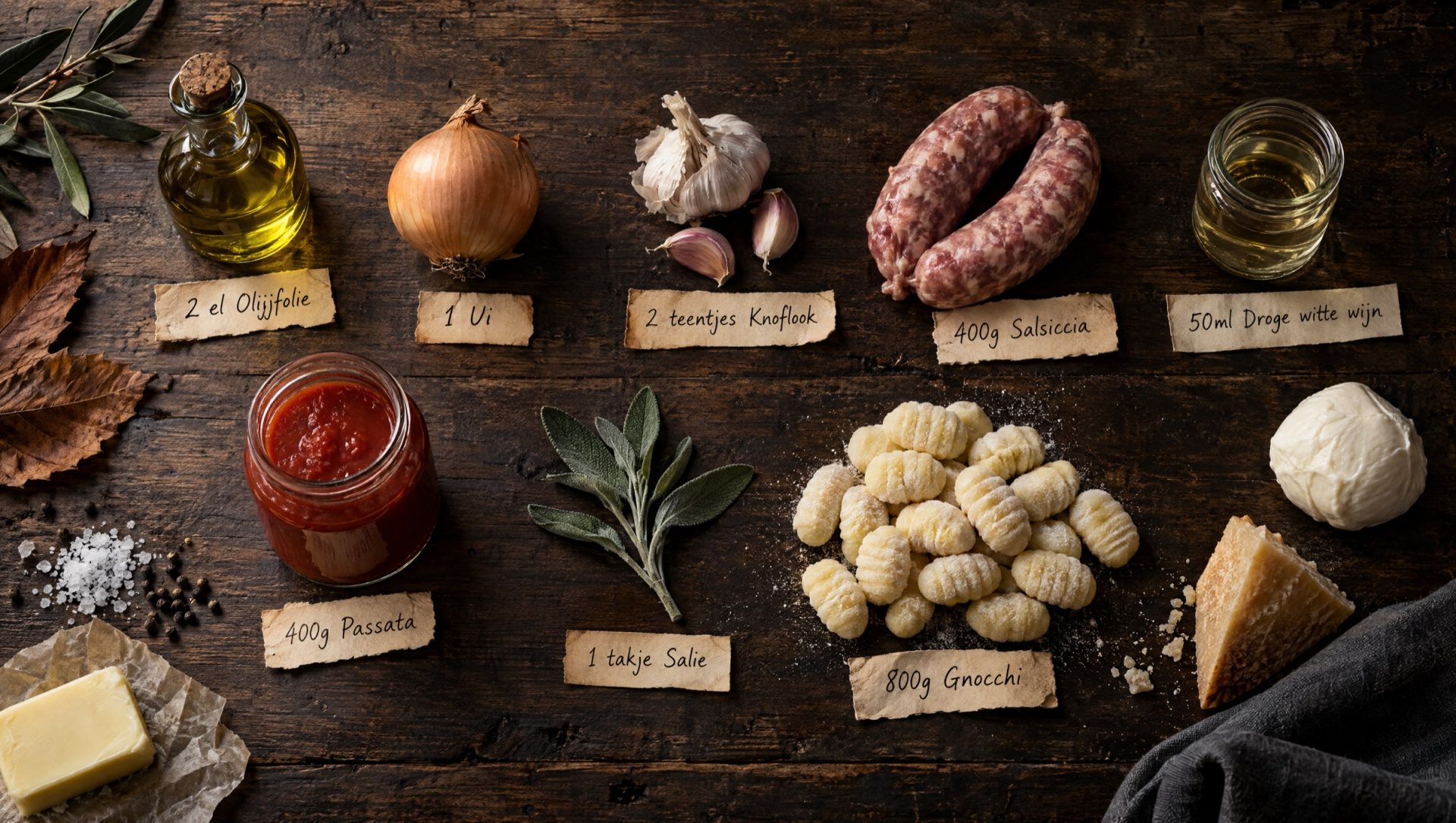 Ingrediënten voor gnocchi ovenschotel: gnocchi, salsiccia, passata, mozzarella, Parmigiano, ui, knoflook, salie en boter