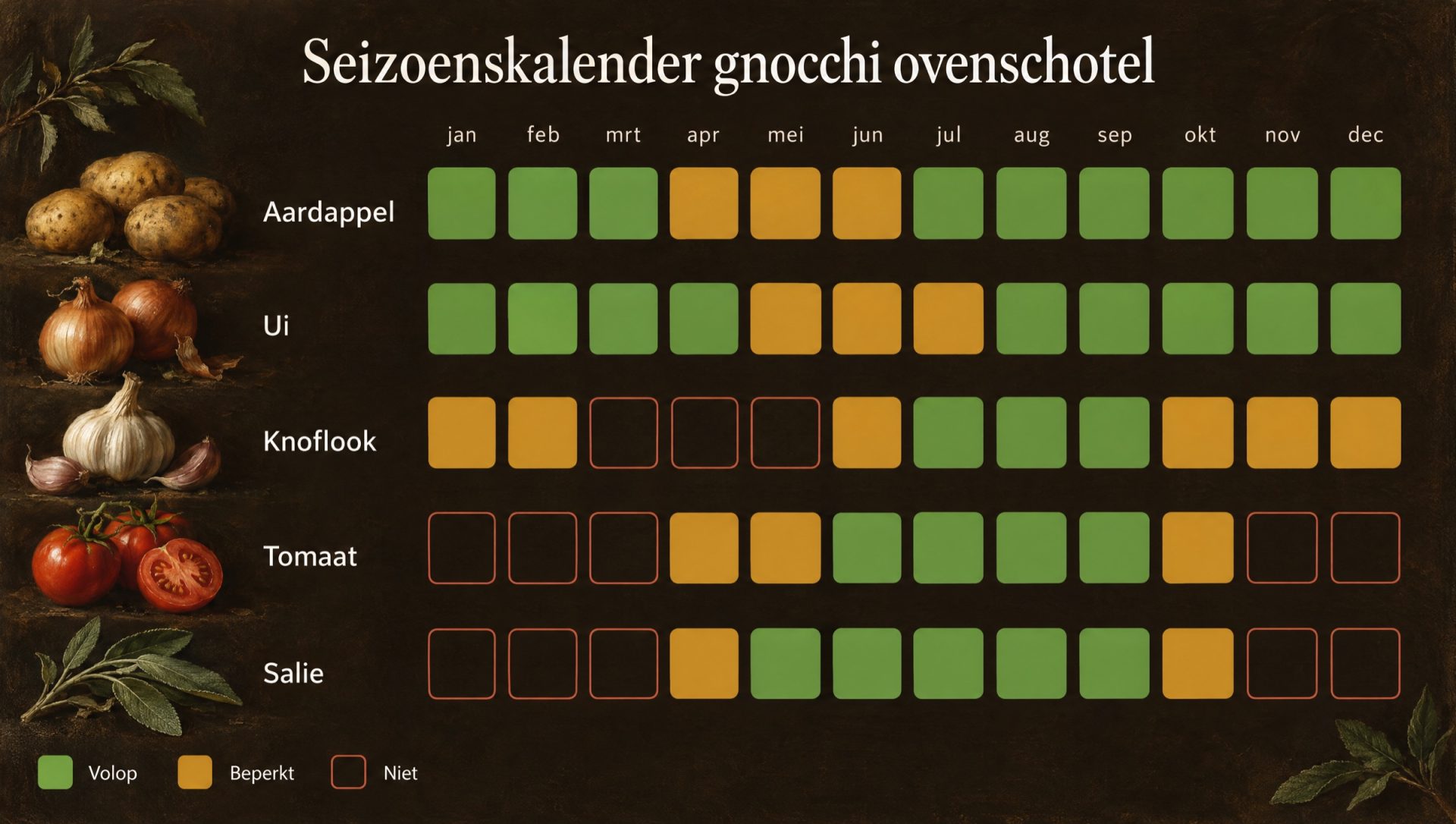 Seizoenskalender voor gnocchi ovenschotel: aardappel, ui, knoflook, tomaat en salie