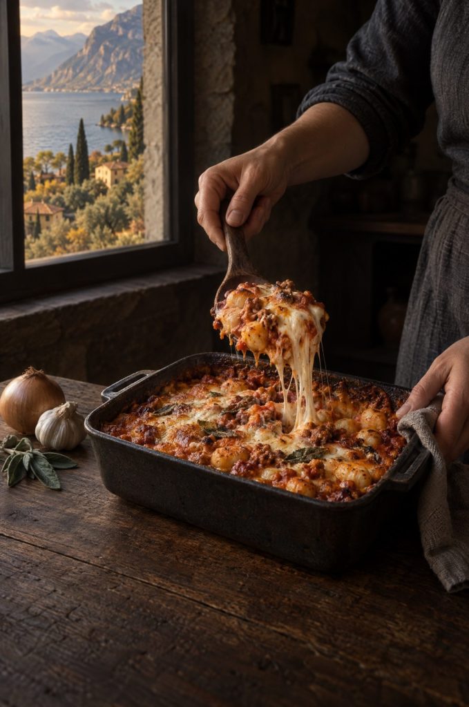 Handen van de kok scheppen gnocchi ovenschotel op in een donkere keuken bij het raam, met uitzicht op het Gardameer