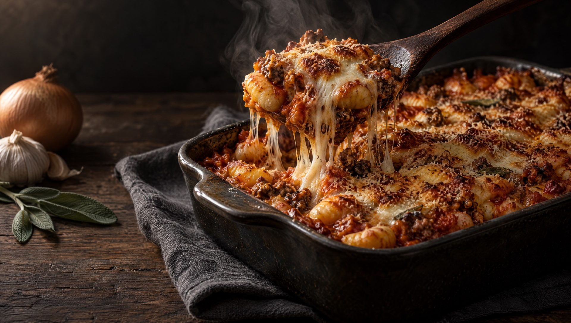 Gnocchi ovenschotel met salsiccia en gesmolten mozzarella in een ovenschaal, met ui, knoflook en salie op tafel