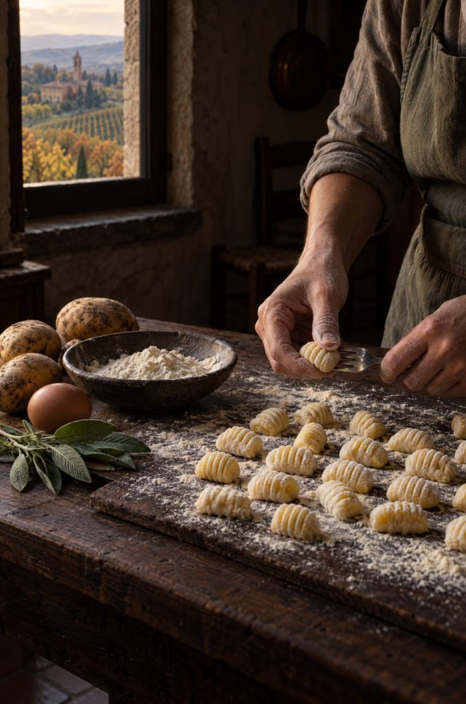 Handen van de kok rollen gnocchi over een vork in een donkere keuken, door het raam de heuvels van het Veneto in de herfst