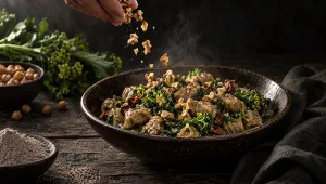 Gnocchi van kikkererwten met cime di rapa en walnoten in een donkere kom op een houten tafel, met kikkererwten en boekweitmeel