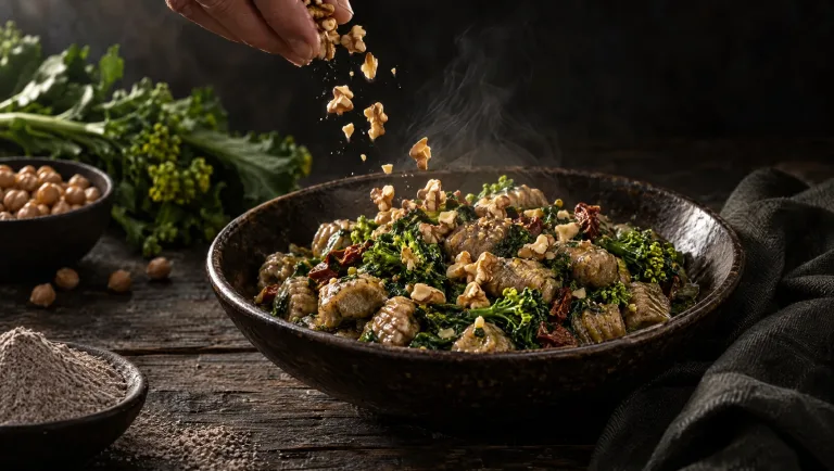 Gnocchi van kikkererwten met cime di rapa en walnoten in een donkere kom op een houten tafel, met kikkererwten en boekweitmeel