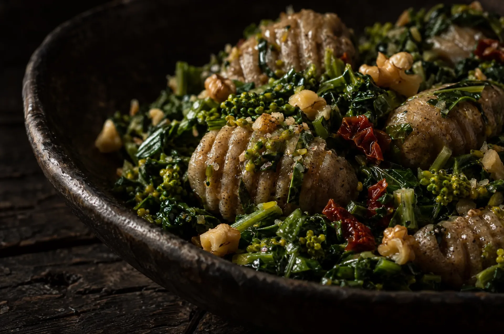 Gnocchi van kikkererwten van dichtbij: grijsbruine gnocchi met groeven, glanzend van olie tussen fijngehakte cime di rapa