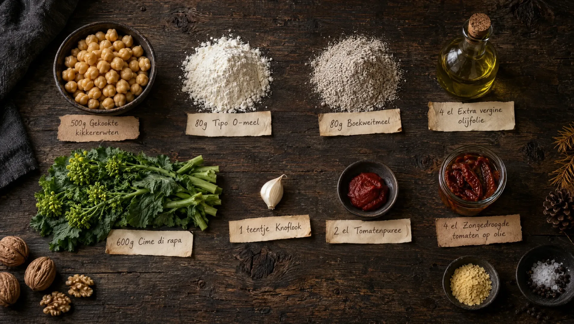 Ingrediënten voor gnocchi van kikkererwten: kikkererwten, boekweitmeel, cime di rapa, walnoten en zongedroogde tomaat