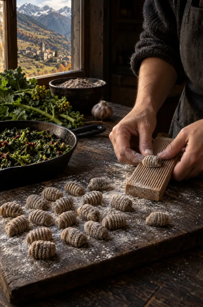 Handen van de kok rollen gnocchi van kikkererwten over een plankje in een donkere keuken bij het raam, zicht op de Valtellina