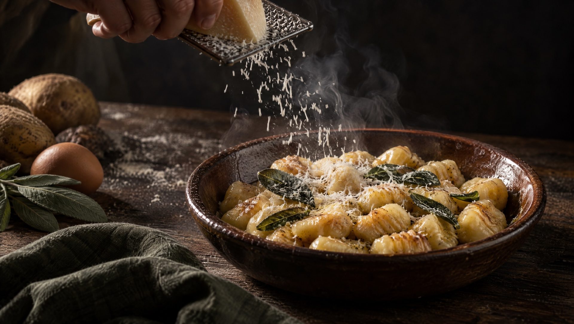 Grana Padano wordt geraspt boven gnocchi met boter en salie in een donkere schaal, met kruimige aardappelen, een ei en salie op tafel
