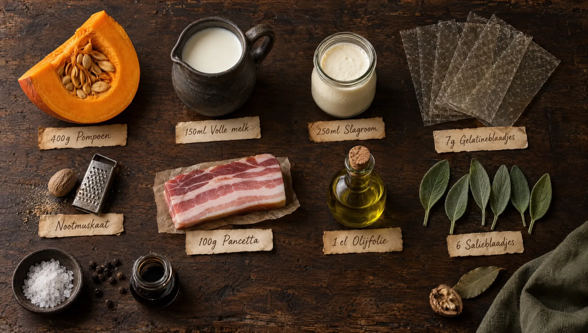 Ingrediënten voor hartige panna cotta van pompoen: Hokkaido, room, melk, gelatine, pancetta, salie en balsamico