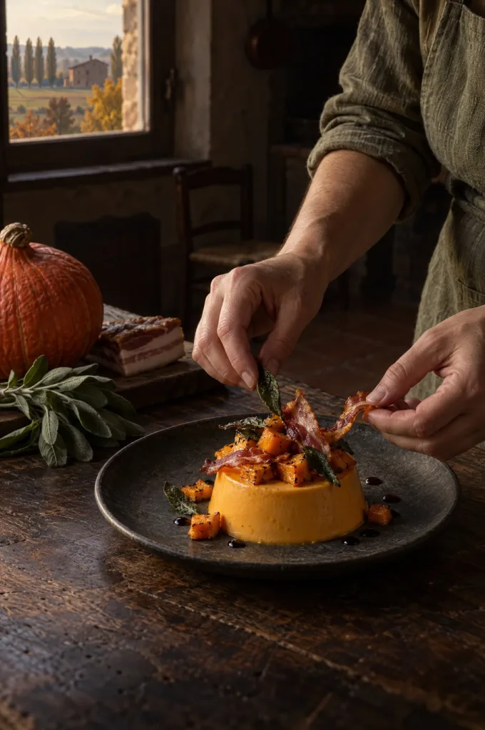 Handen van de kok bij hartige panna cotta van pompoen in een donkere keuken bij het raam, met uitzicht op Emilia
